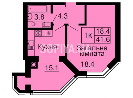 Однокомнатная квартира 41,6 м/кв - ЖК София