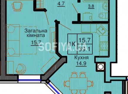 Однокомнатная квартира 39.1 м/кв - ЖК София