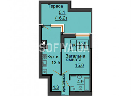 Однокімнатна квартира 41,8 м/кв - ЖК София