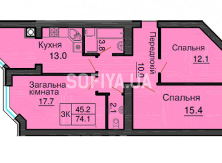 Трехкомнатная квартира 74,1 м/кв - ЖК София