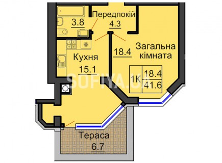 Однокомнатная квартира 41,6 м/кв - ЖК София