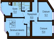 3-х комнатная квартира 74.1 м/кв - ЖК София