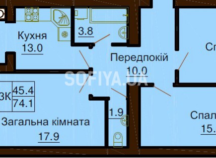 3-х комнатная квартира 74.1 м/кв - ЖК София