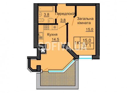 Однокомнатная квартира 37,1 м/кв - ЖК София