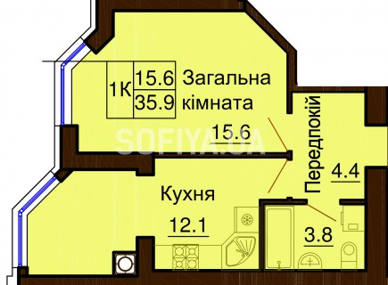 Однокомнатная квартира 35.9 м/кв - ЖК София