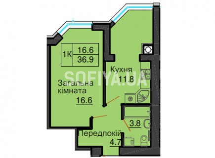 Однокомнатная квартира 36,9 м/кв - ЖК София