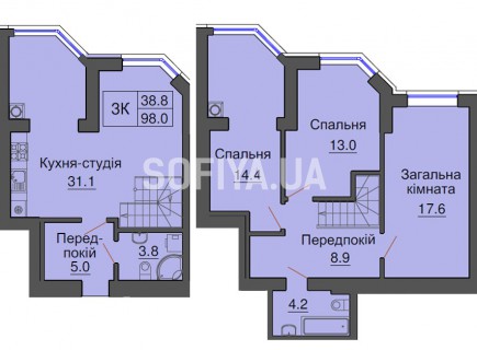 Двухуровневая квартира 98 м/кв - ЖК София