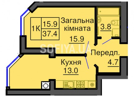 Однокомнатная квартира 37,4 м/кв - ЖК София