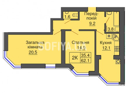 Двухкомнатная квартира 62,1 м/кв - ЖК София