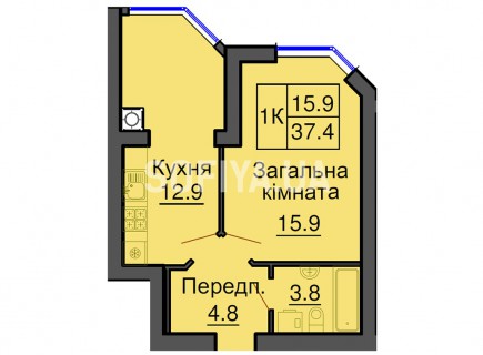 Однокомнатная квартира 37,4 м/кв - ЖК София