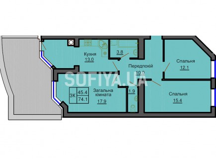 Трехкомнатная квартира 74,1 м/кв - ЖК София