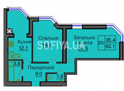 Двухкомнатная квартира 62,1 м/кв - ЖК София