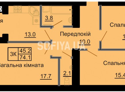 Трехкомнатная квартира 74,1 м/кв - ЖК София