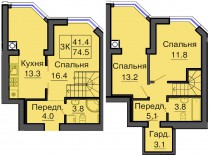 Двухуровневая квартира 74,5 м/кв - ЖК София