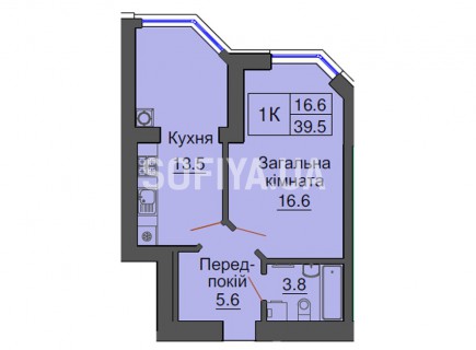 Однокомнатная квартира 39,5 м/кв - ЖК София