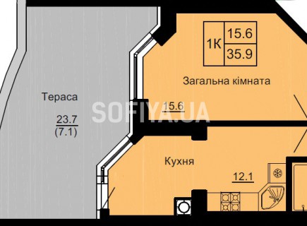 Однокомнатная квартира 35.9 м/кв - ЖК София