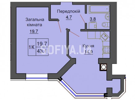 Однокомнатная квартира 43.1 м/кв - ЖК София