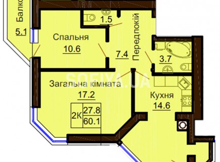 2-х комнатная квартира 60,1 м/кв - ЖК София