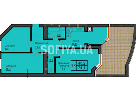 Трехкомнатная квартира 74,1 м/кв - ЖК София