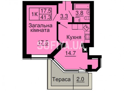 Однокомнатная квартира 41,3 м/кв - ЖК София