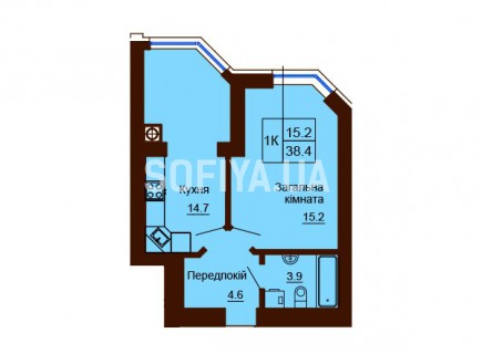 Однокомнатная квартира 38.4 м/кв - ЖК София
