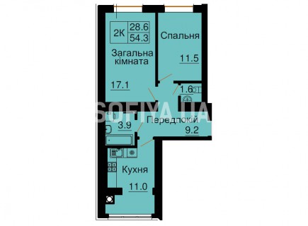 Двухкомнатная квартира 54,3 м/кв - ЖК София