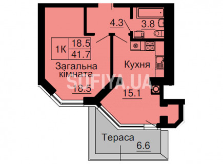 Однокомнатная квартира 41,7 м/кв - ЖК София