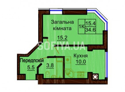 Однокомнатная квартира 34.6 м/кв - ЖК София