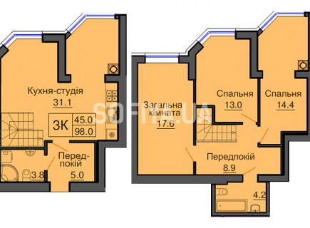 Двухуровневая квартира 98 м/кв - ЖК София