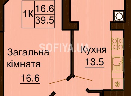 Однокомнатная квартира 39.5 м/кв - ЖК София