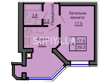 Однокомнатная квартира 39,3 м/кв - ЖК София