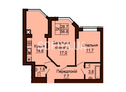 2-х комнатная квартира 56.8 м/кв - ЖК София