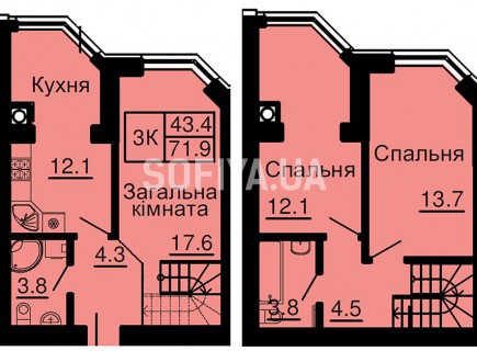 Двухуровневая квартира 71,9 м/кв - ЖК София