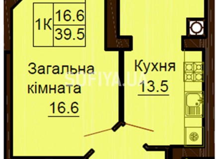 Однокомнатная квартира 39.5 м/кв - ЖК София