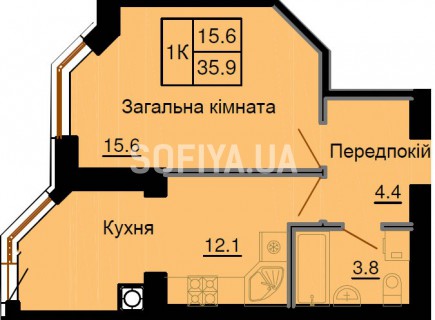 Однокомнатная квартира 35,9 м/кв - ЖК София