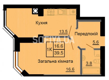 Однокомнатная квартира 39,5 м/кв - ЖК София