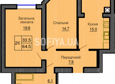 Двухкомнатная квартира 64.5 м/кв - ЖК София