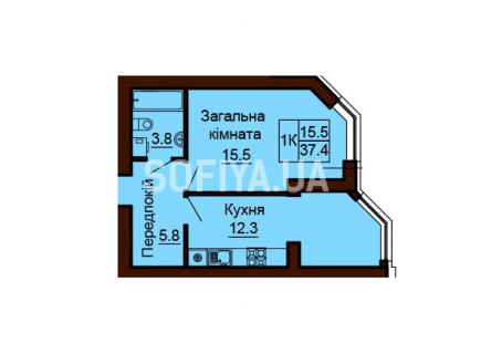 Однокомнатная квартира 37.4 м/кв - ЖК София