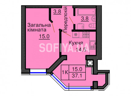 Однокомнатная квартира 37,1 м/кв - ЖК София