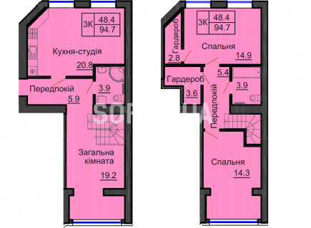 Двухуровневая квартира 94,7 м/кв - ЖК София