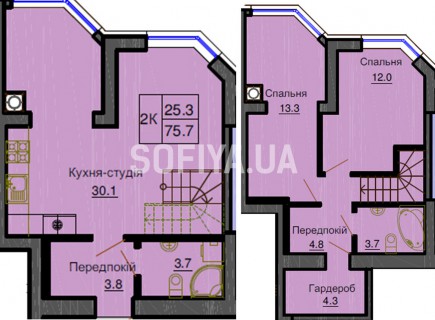 Двухуровневая квартира 75.7 м/кв - ЖК София