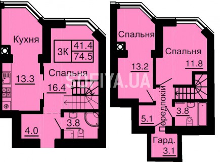 Двухуровневая квартира 74,5 м/кв - ЖК София