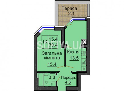 Однокомнатная квартира 39,4 м/кв - ЖК София