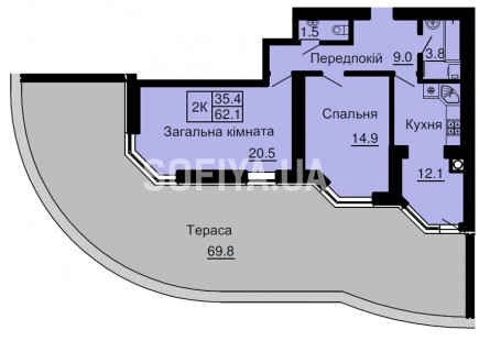 Двухкомнатная квартира 62,1 м/кв - ЖК София