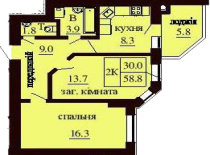 2-х комнатная квартира 58.8 м/кв - ЖК София