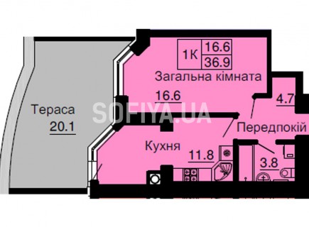 Однокомнатная квартира 36,9 м/кв - ЖК София