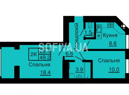 Двухкомнатная квартира 49,2 м/кв - ЖК София