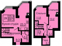 Двухуровневая квартира 69,2 м/кв - ЖК София