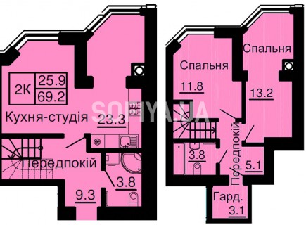 Двухуровневая квартира 69,2 м/кв - ЖК София