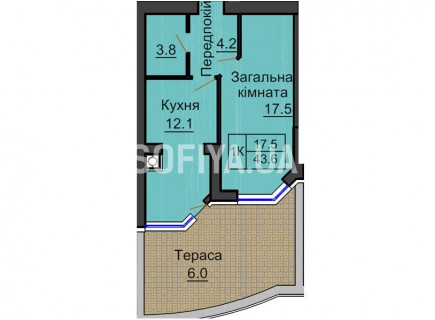 Однокомнатная квартира 43,6 м/кв - ЖК София